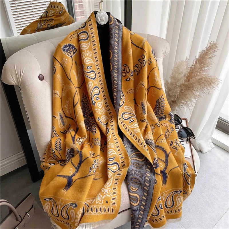 Winter Scarf Women Soft Cashmere Warm Pashmina Ethnic Blue Bird Print Scarves Wraps Thick Shawl Bufandas Tassel Stoles Hijabs - AMULET RING STORE