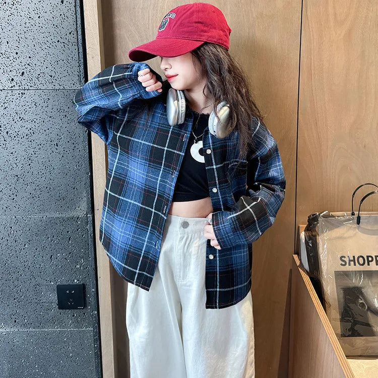 2025 Spring Girls Plaid Shirt Comfort Fashion Teen Kids Tops Clothes Casual All-match Long Sleeve Children Blouse 10 12 13 Years