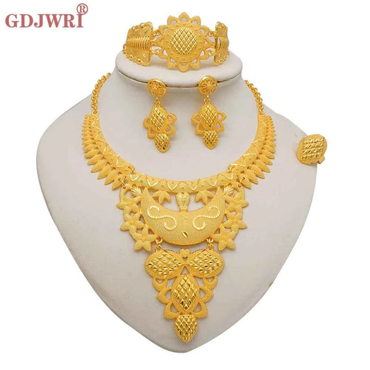 Fine Nigerian Wedding Jewelry Dubai Gold Color African Necklace Bracelet Earrings Rings For Women Fashion Bridal Jewellery Sets