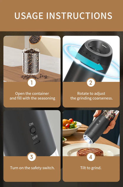 1/2PCS Electric Salt And Pepper Grinder with LED Light Gravity Sensing Adjustable Spice Mills Cordless Automatic Kitchen Gadget - AMULET RING STORE
