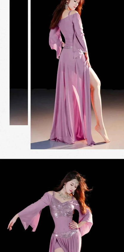 Belly Dancing Wear Outfit for Women Mesh Long Sleeves Top+gauze Long Skirt 2pcs Training Set Oriental Belly Dance Costume Set