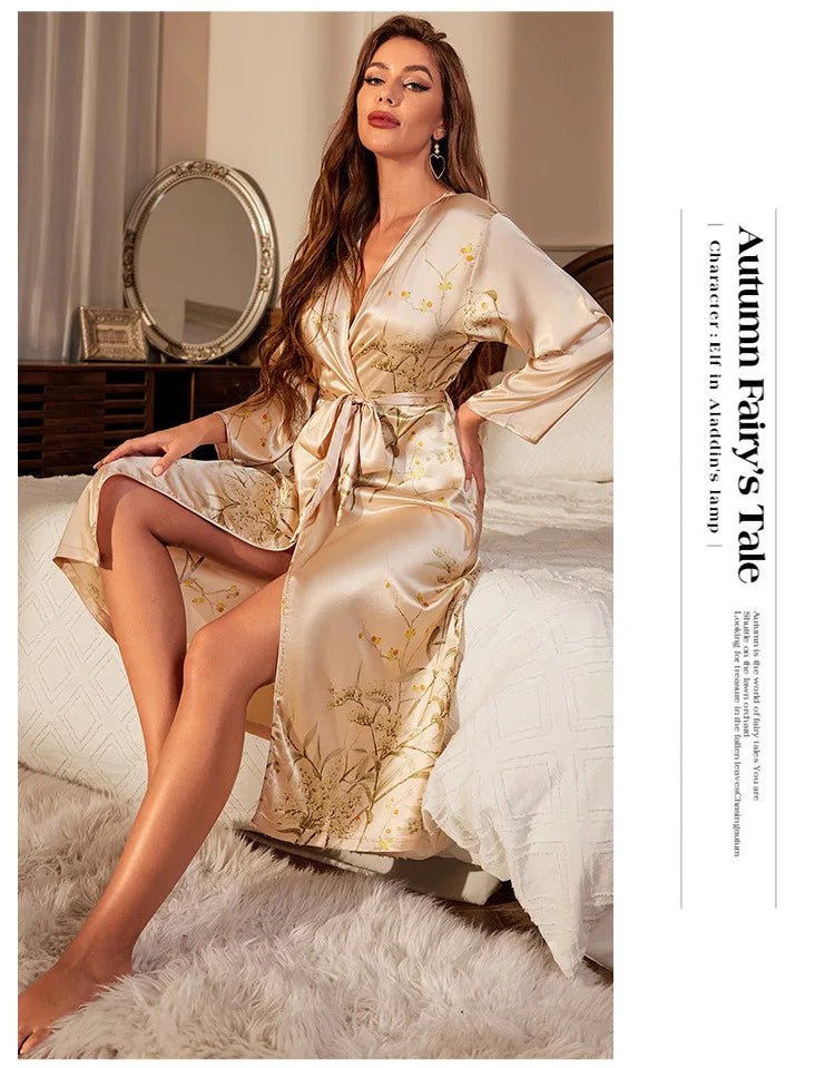 Black Print Flower Long Robe Nightgown Silk Satin Female Sleepwear Nightdress Spring Summer Loose Kimono Bathrobe Gown Home Wear