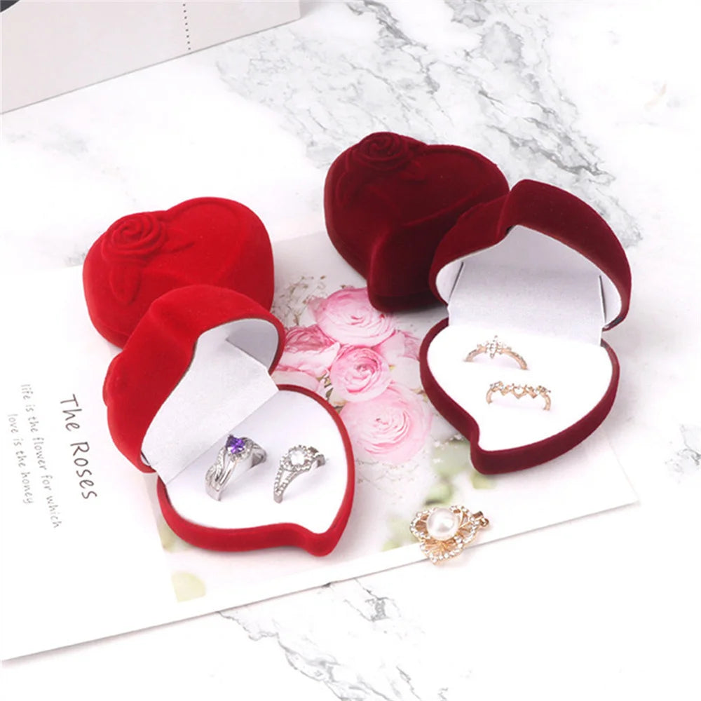 Heart-Shaped Velvet Jewelry Box Rose Flower Valentine'S Day Engagement Proposal Wedding Ring Box Gift Box Jewelry Organizer Case - AMULET RING STORE