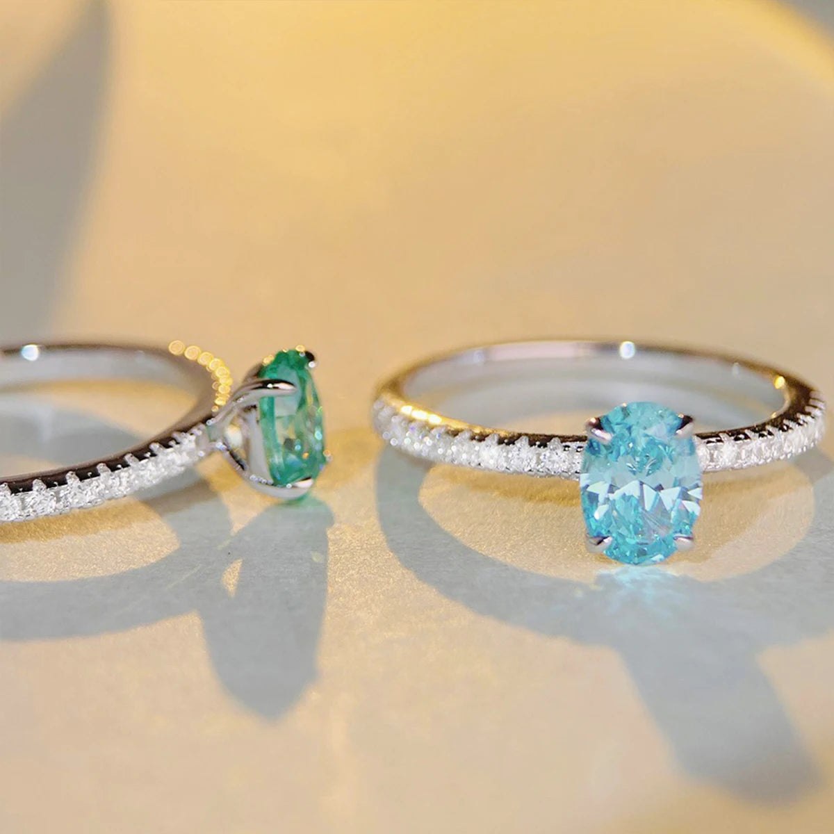 Genuine S925 Silver Ring for Women 1 Carat Oval CZ Green or Blue Center & Round Accents Engagement Wedding Anniversary Jewelry