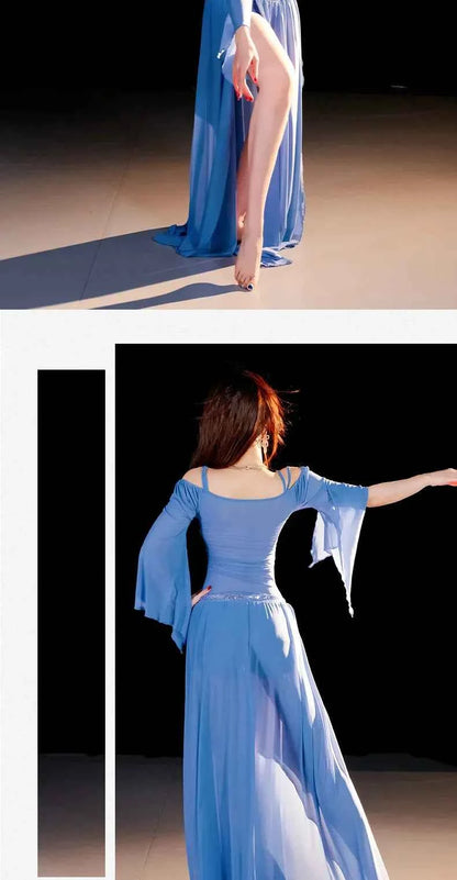 Belly Dancing Wear Outfit for Women Mesh Long Sleeves Top+gauze Long Skirt 2pcs Training Set Oriental Belly Dance Costume Set