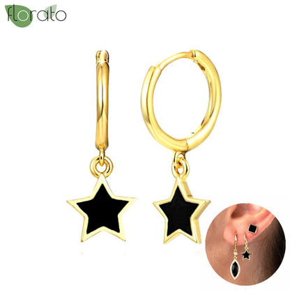 925 Sterling Silver Needle Fashion Round Pendant Small Earrings Luxury Gold Hoop Earrings for Women Premium Black Jewelry Gifts - AMULET RING STORE