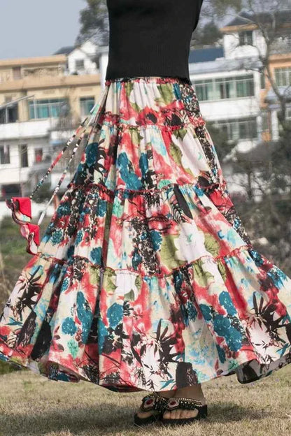 TIYIHAILEY Long Maxi A-line Elastic Waist Women Summer Spring S-2XL Cotton Linen Print Big Hem Vintage Skirts 2025