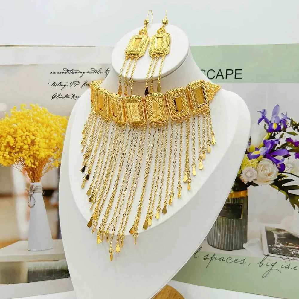 Earring Tassel Necklace Middle East 4pcs Jewelry Women Cuff Bangles with Ring Jewelry Dubai Fashion Set African Jewelry Wedding