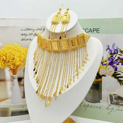 Earring Tassel Necklace Middle East 4pcs Jewelry Women Cuff Bangles with Ring Jewelry Dubai Fashion Set African Jewelry Wedding