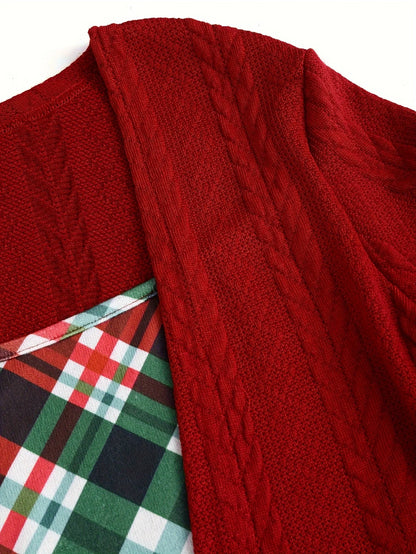 European and American fashion plus-size women's elegant temperament stitching buckle plaid printing knitted plus-size dress wome