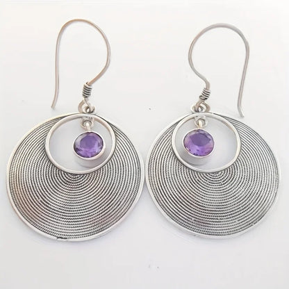 Vintage Style Big Round Shape Drop Earrings Inlaid Shiny Synthetic Gems Boho Style Hook Earrings