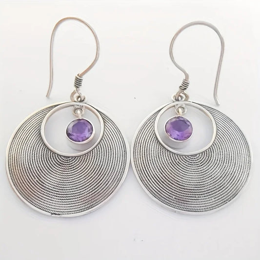 Vintage Style Big Round Shape Drop Earrings Inlaid Shiny Synthetic Gems Boho Style Hook Earrings