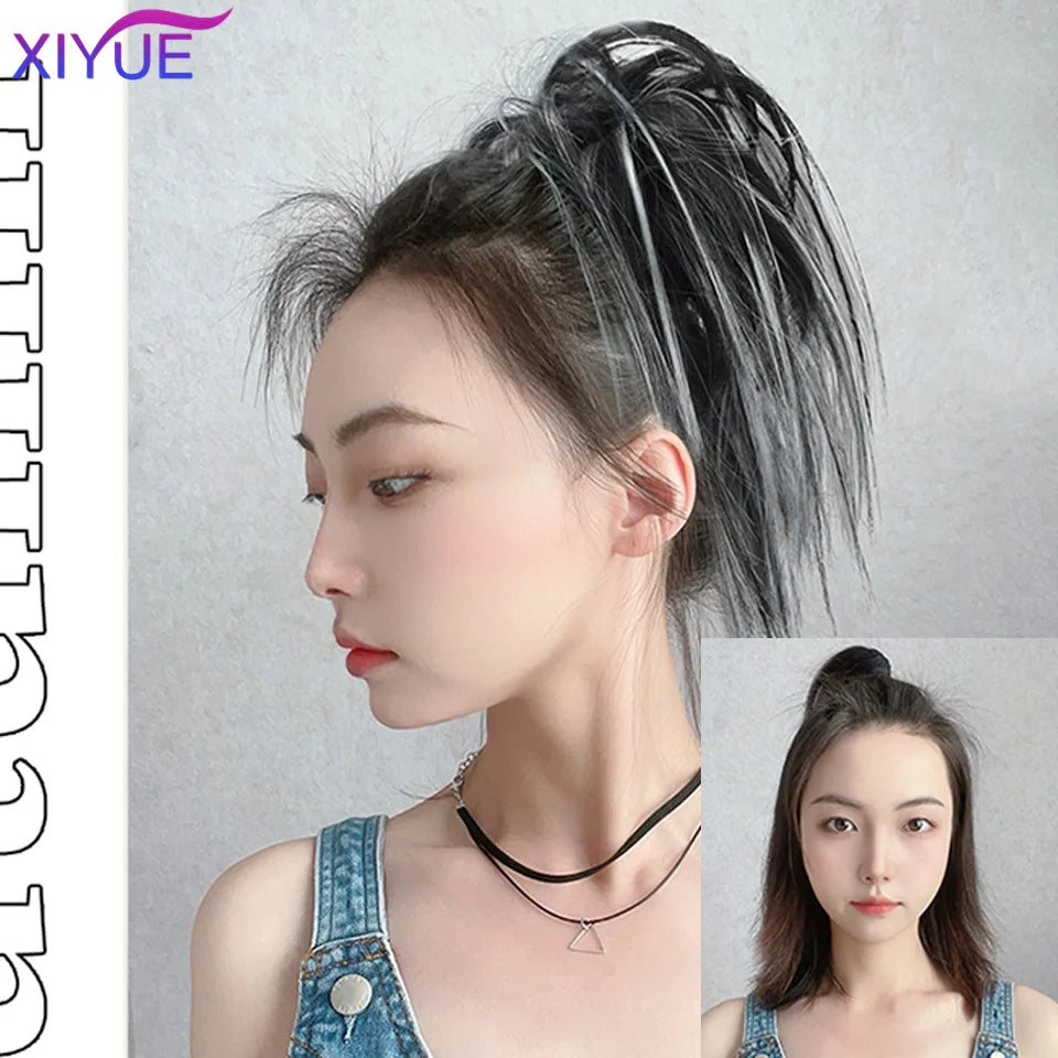 XIYUE Synthetic Messy Hair Bun Tousled Hairpiece Elastic Band Chignon Curly Scrunchie Updo Cover Hair Tail for Women Pink - AMULET RING STORE