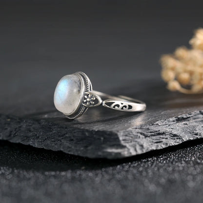 Natural Moonstone Ring 925 Sterling Silver Adjustable Vintage Boho Jewelry 10x8mm Oval Gemstone Healing Crystal Gift - AMULET RING STORE