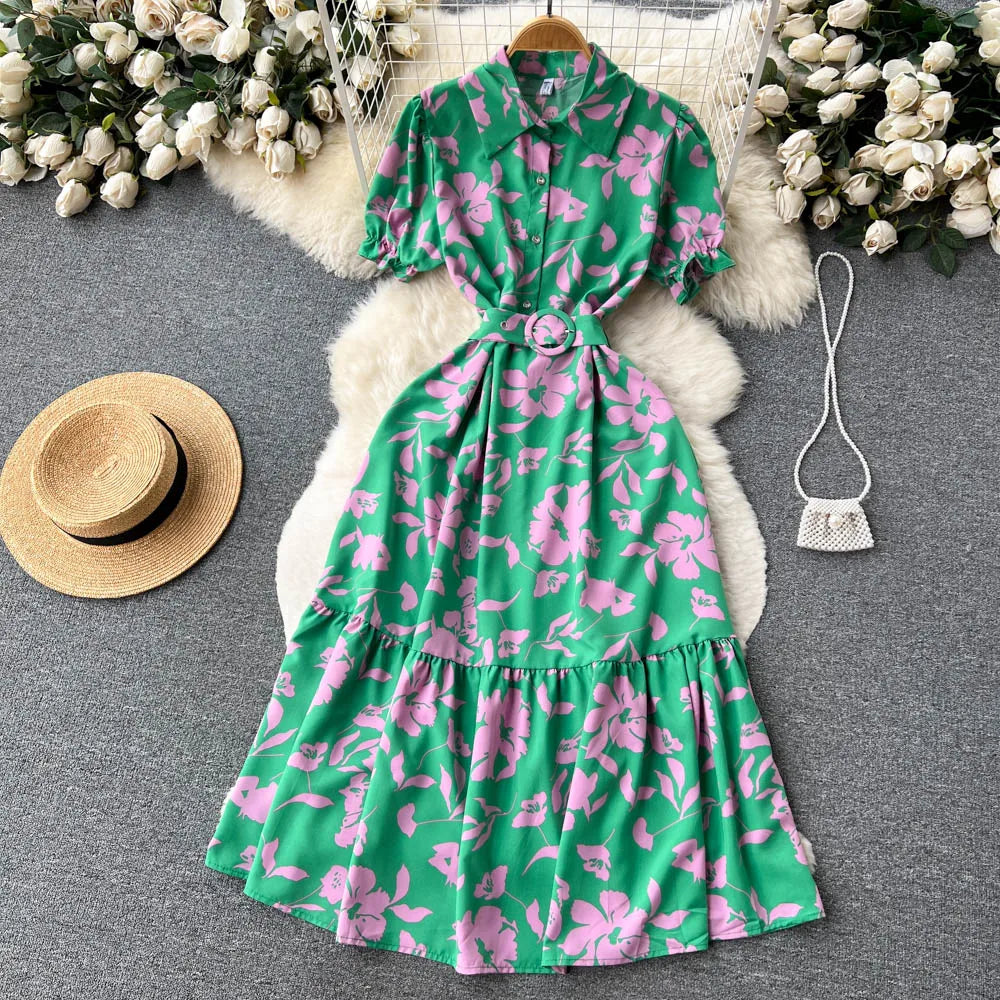 YuooMuoo Women Dress 2025 Summer Fashion Lady Elegant Vintage Floral Print Long Shirt Dress with Belt Vintage Party Robe Femme