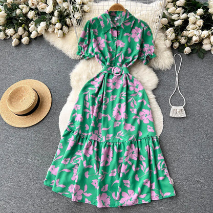 YuooMuoo Women Dress 2025 Summer Fashion Lady Elegant Vintage Floral Print Long Shirt Dress with Belt Vintage Party Robe Femme