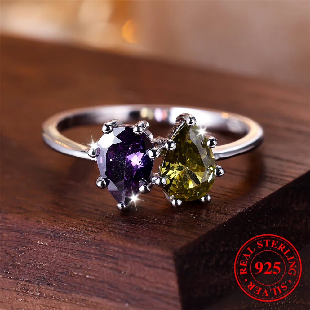 Female Real 925 Sterling Silver Peridot Amethyst Water Drop Engagement Ring Solitaire Vintage Wedding Jewelry For Women