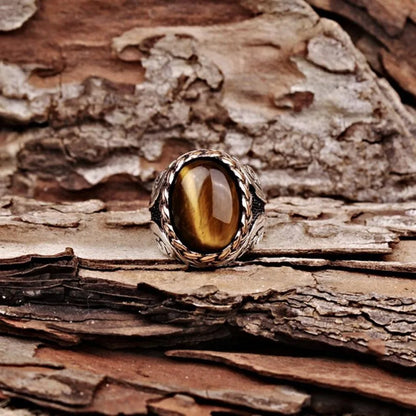 Brown tiger eye stone men and women retro new trend ring Turkish handmade spiral carving ring party niche jewelry