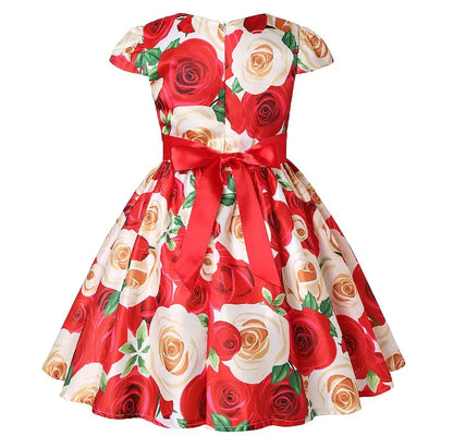 Summer Girls Rose Print Dress Princess Wedding Birthday Party Frocks Satin Children Vestidos Dresses For Girl Christmas Clothing