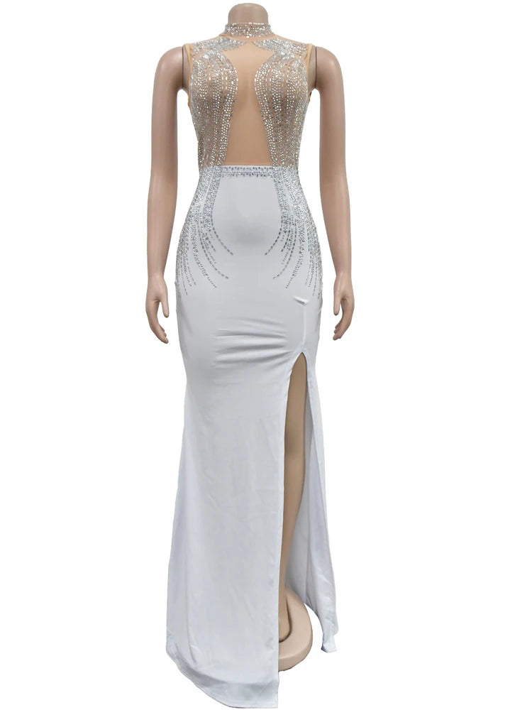 Beyprern Women's Black Mesh Bust Rhinestones Décor High Slit Maxi Dress Glam Mock Neck Crystal Party Dresses Celebrities Outfits - AMULET RING STORE