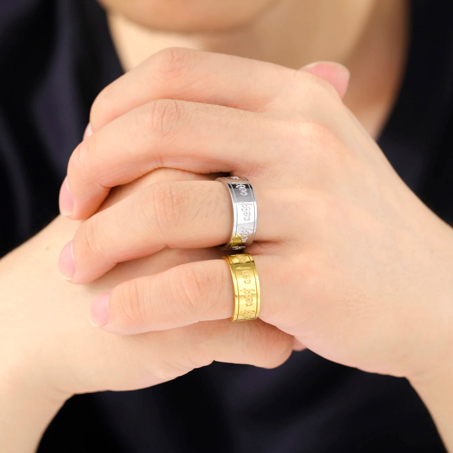 Jeshayuan Quran Rings Muslim Islamic Halal Ring Arabic God Stainless Steel 8mm Wide Religious Allah Ring For Men