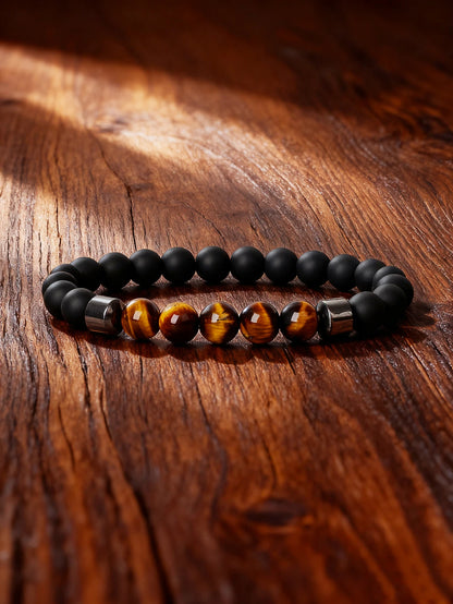 Hematite & Red Tiger's Eye Bracelet Men Natural Stone Cylinder Bead for Energy Protection Reiki Charm Courage Jewelry Women Gift