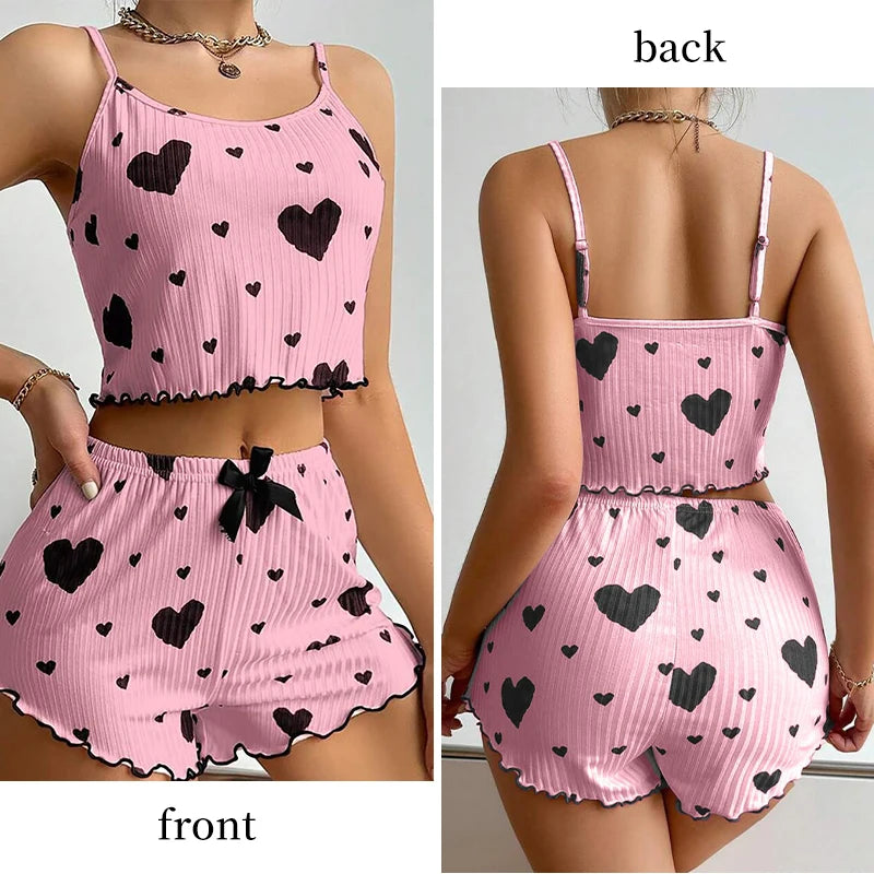 Women's Pajamas Set Sleepwear 2 PCS Short Tank Tops And Shorts S M L White Ventilate Soft Casual Love Printing - AMULET RING STORE