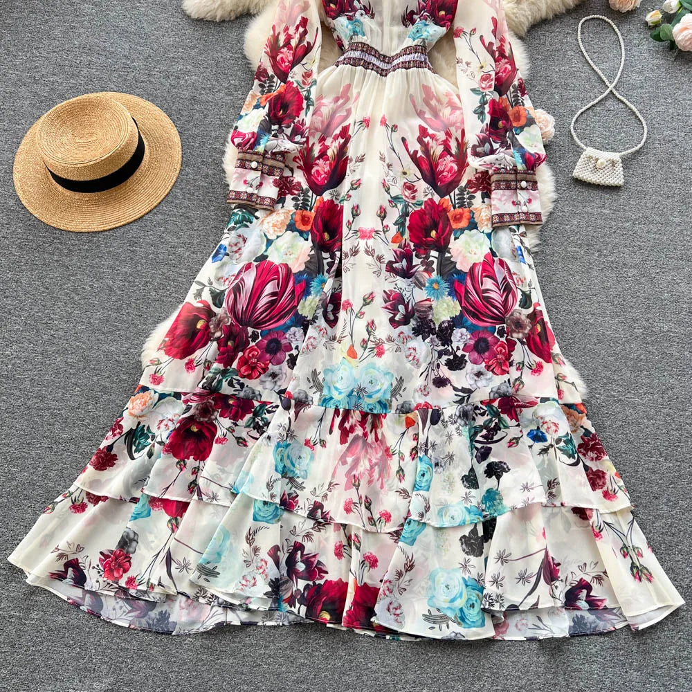 Women Deep V-Neck Bohemian Style Dress Spring Summer Runway Long Sleeve Casual Floral Print Ruffles Sweet Cascading Vestidos