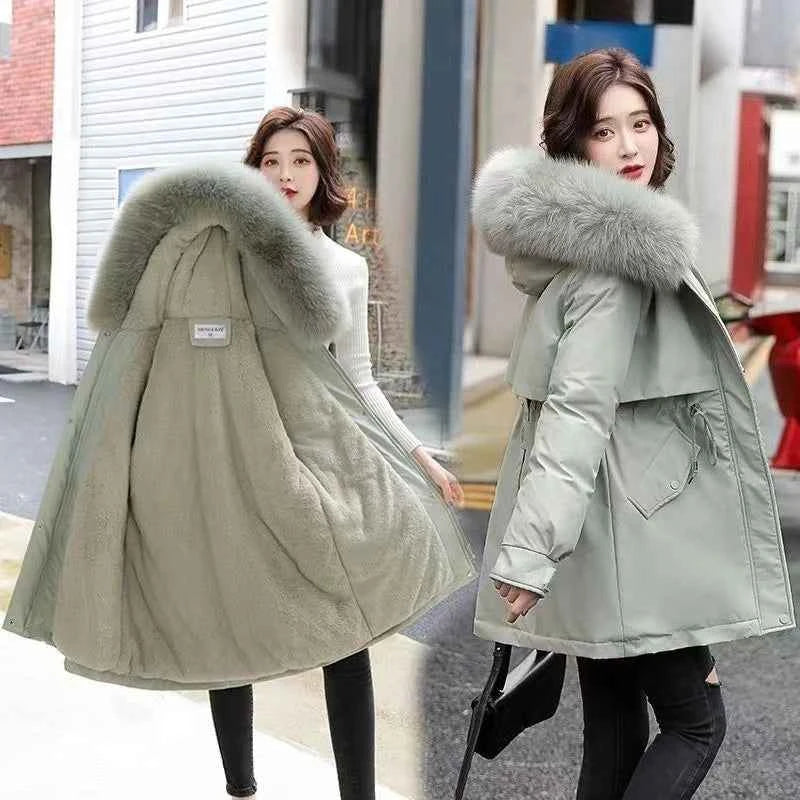 2025 Winter Women's Parka Cotton Padded Coat Korean Style Mid Length Waist Cinching Thickened for Cold Suitable for Short Girls