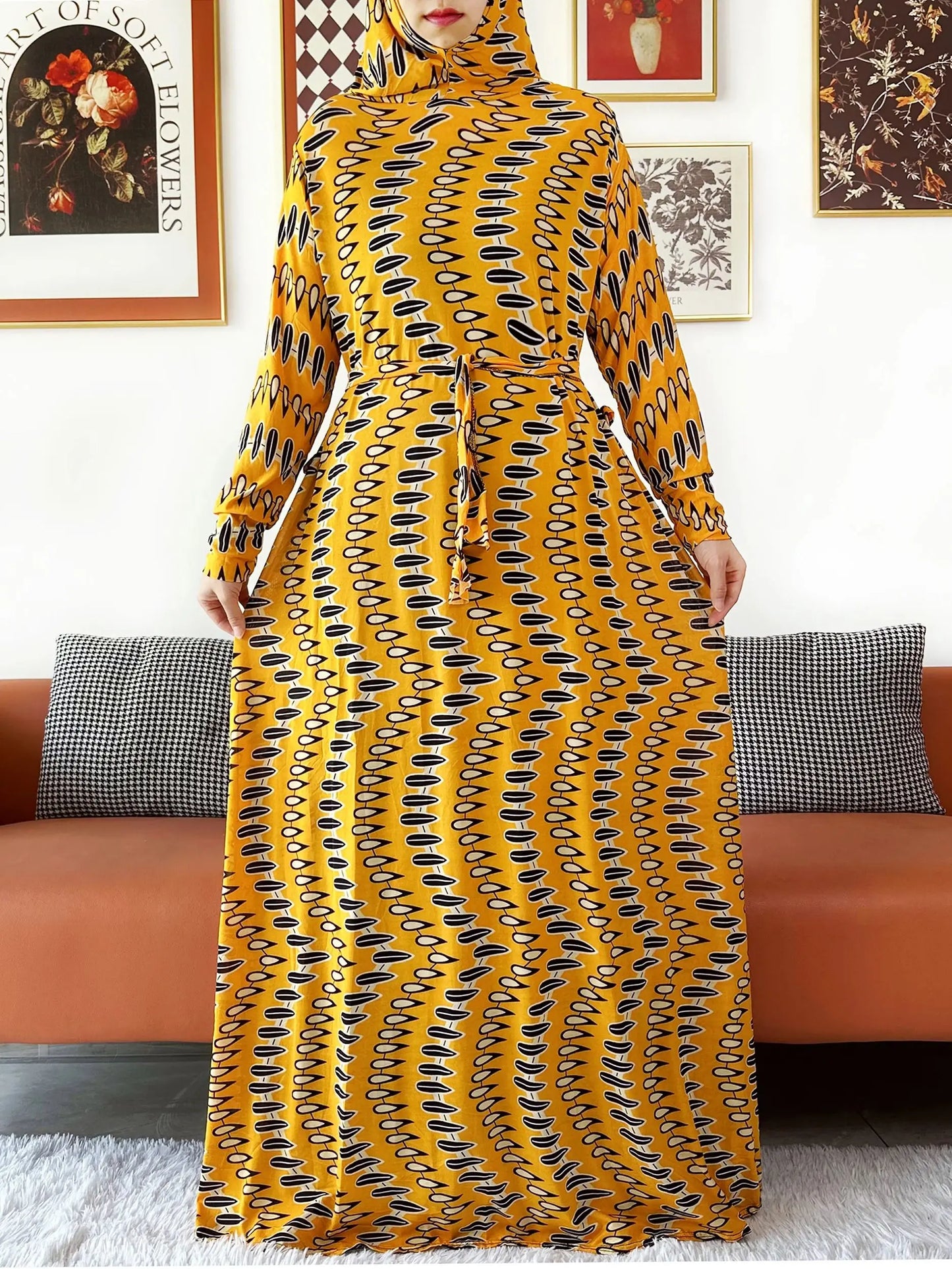 2025 Floral Ramadan Muslim Dress Solid Color Khimar Kaftan Abaya Robe with Attached Hijab Middle East Prayer Garment for Women - AMULET RING STORE