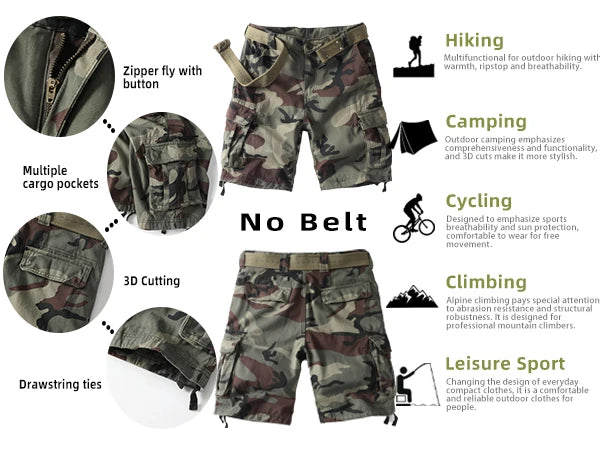 Men's Camo Cargo Shorts for Men Cotton Casual Outdoor Work Relaxed Fit Shorts with Multi-Pockets (no belt)
