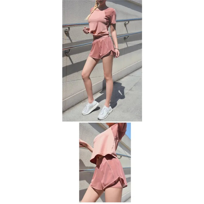Fashion Casual Mesh Breathable Sportswear Suit Women Short Sleeve Shorts Yoga Clothing Running Fitness Quick Dry Clothes - AMULET RING STORE