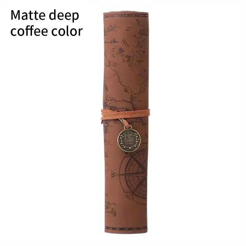 Vintage Treasure Map Pencil Case, Leather Roll-Up Pouch w/ Embossed Buckle, Large Capacity School Office Organizer (Gift) - AMULET RING STORE