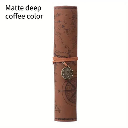 Vintage Treasure Map Pencil Case, Leather Roll-Up Pouch w/ Embossed Buckle, Large Capacity School Office Organizer (Gift) - AMULET RING STORE