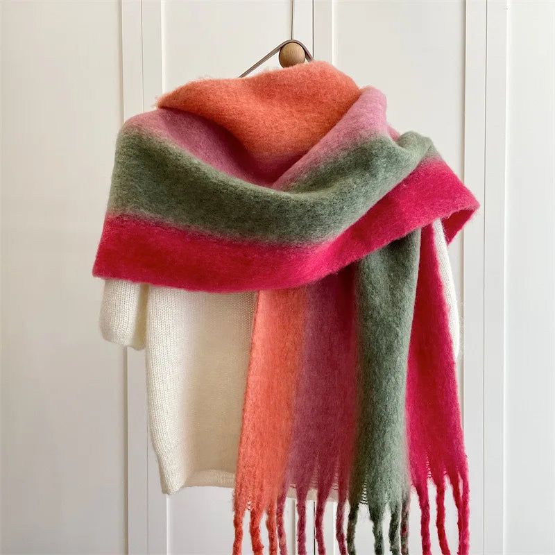 New Fashion Mohair Stripted Tassel Scarf Women Autumn Winter Korean Version Thickened Warm Soft Female Shawl Colorful Muffler
