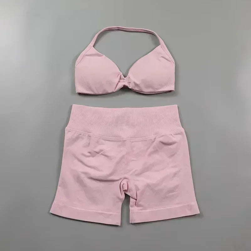2PCS Yoga Gym Set Women Seamless Strappy Yoga Bra Top High Waist Workout Scrunch Shorts Sports Suit Fitness Clothes Sportswear
