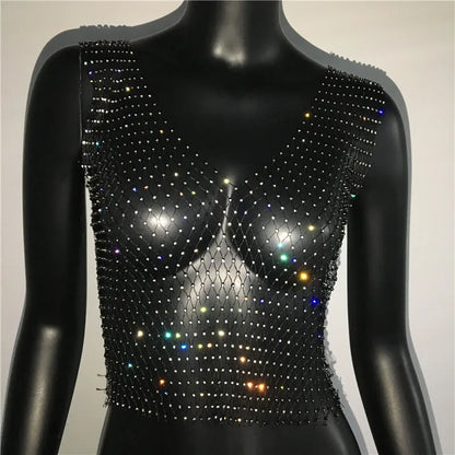 Women's Fishnet Rhinestone Crop Top 2024 Summer Sexy Mesh High Elastic Black White Shirt Net See Through Rave Diamond Tank Top - AMULET RING STORE