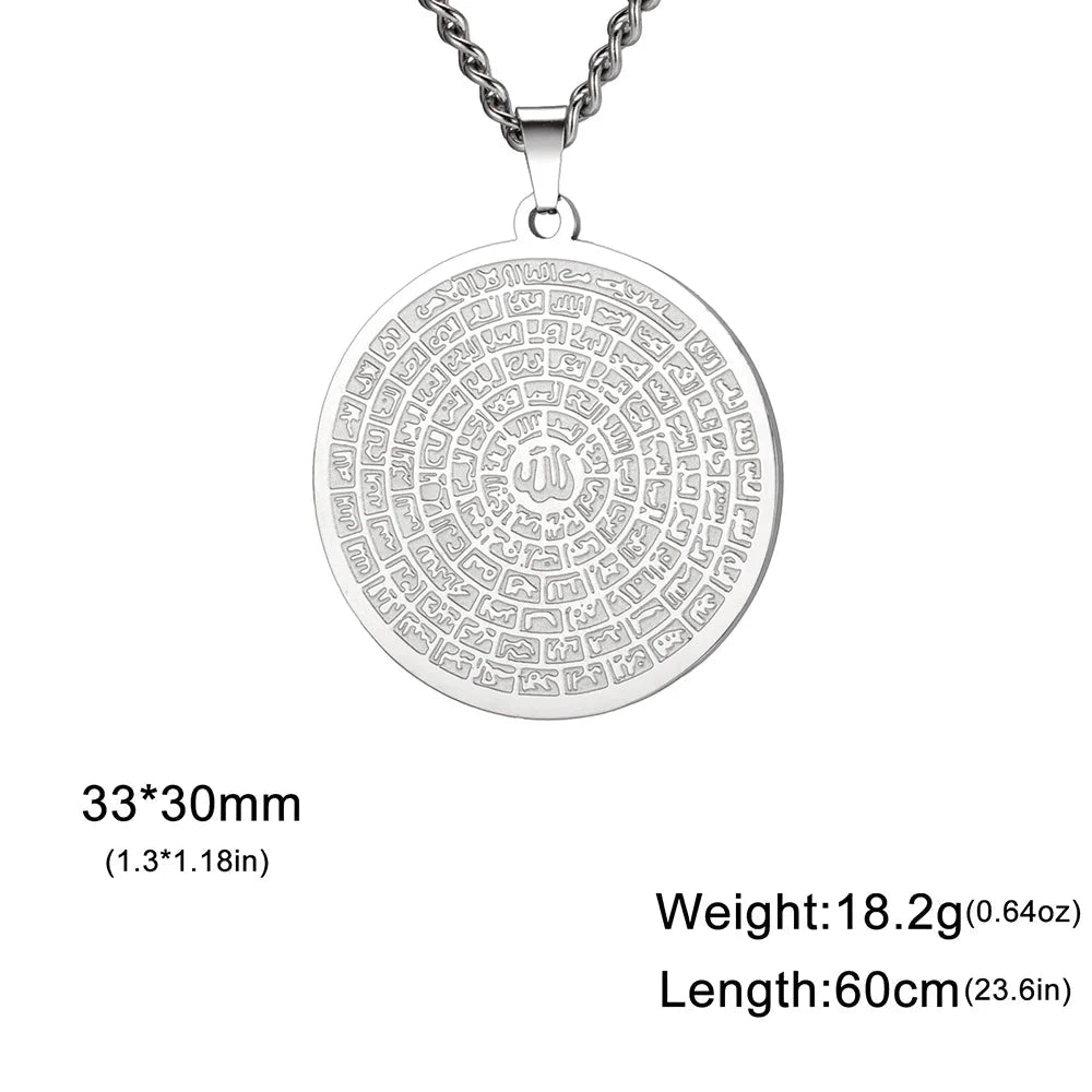 Dawapara 99 Names of Allah Necklace Islamic Muslim Arabian Calligraphy Ayatul Kursi Pendant Religious Stainless Steel Jewelry - AMULET RING STORE