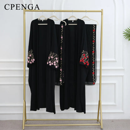 Luxury Embroidered Sleeve Cardigan for Muslim Women Ramadan Modest Abaya Dress with Hijab Elegant Islamic Party Turkish Outfit