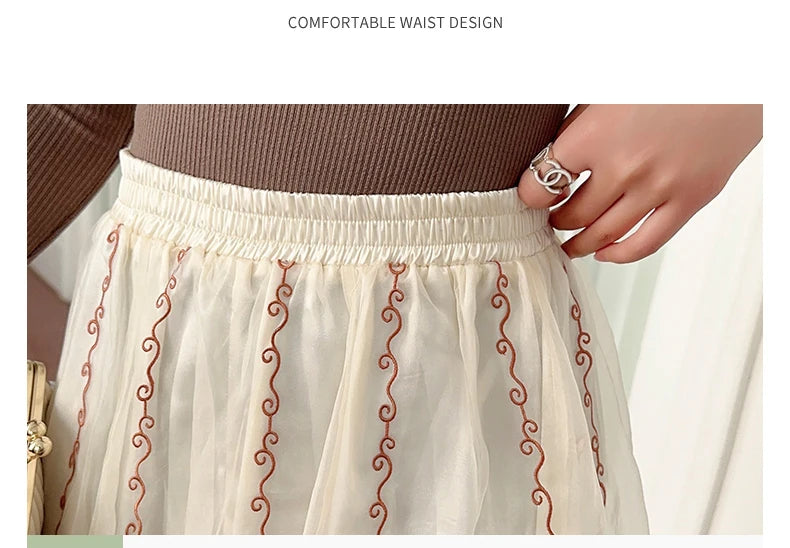 Chinese Style Retro Long Skirt Flowers Embroidered Summer Fairy Skirt Elastic Waist Gauze Skirt Party Lady A-line Skirts