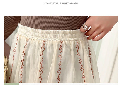 Chinese Style Retro Long Skirt Flowers Embroidered Summer Fairy Skirt Elastic Waist Gauze Skirt Party Lady A-line Skirts