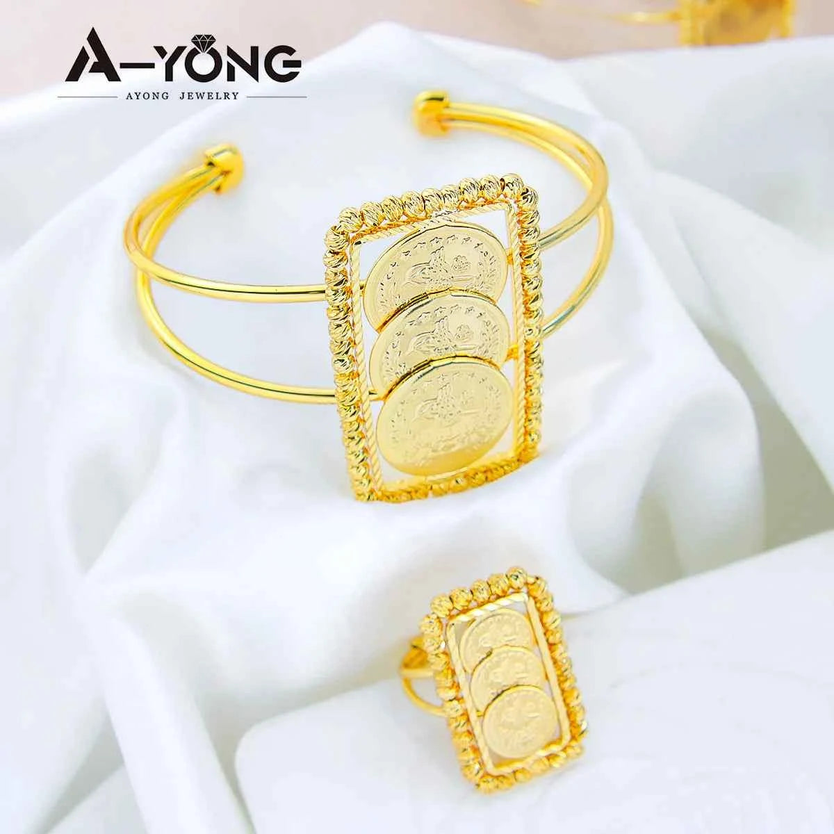 Luxury Turkish Coins Charm Jewelry Set 24k Gold Plated Kurdish Muslim Bridal Open Bangles Ring Middle Eastern Vintage Jewelrys