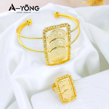 Luxury Turkish Coins Charm Jewelry Set 24k Gold Plated Kurdish Muslim Bridal Open Bangles Ring Middle Eastern Vintage Jewelrys