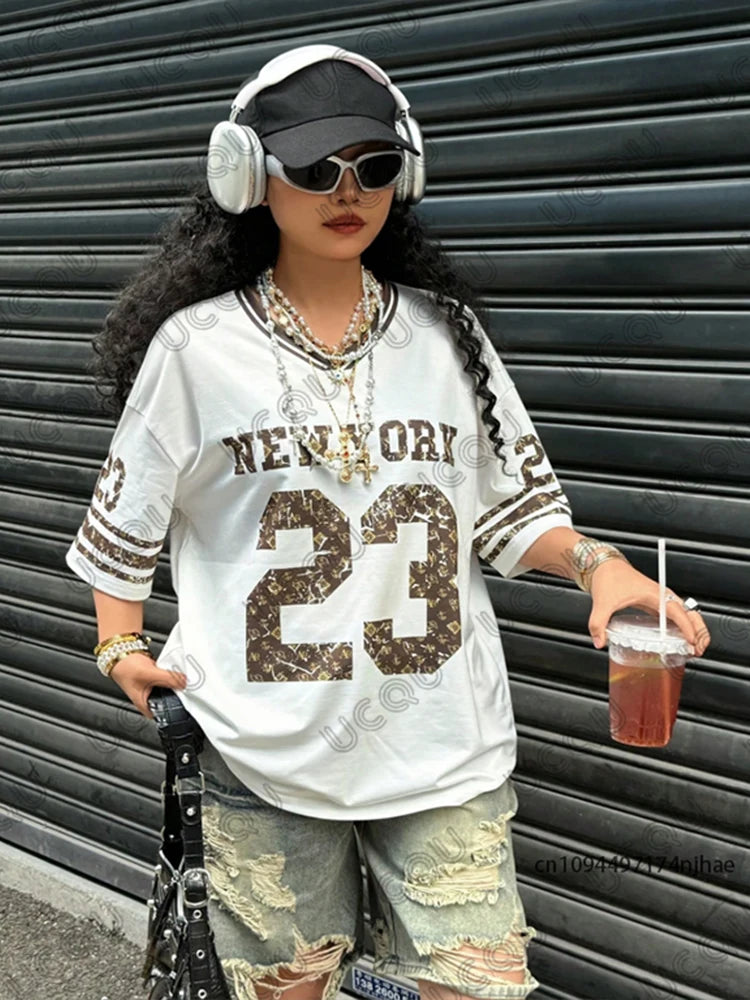 Oversized T-shirt Clothes For Women V-Neck Summer Short Sleeve Patchwork New York 23 Print Sports Tees Football Jersey Y2k Tops - AMULET RING STORE