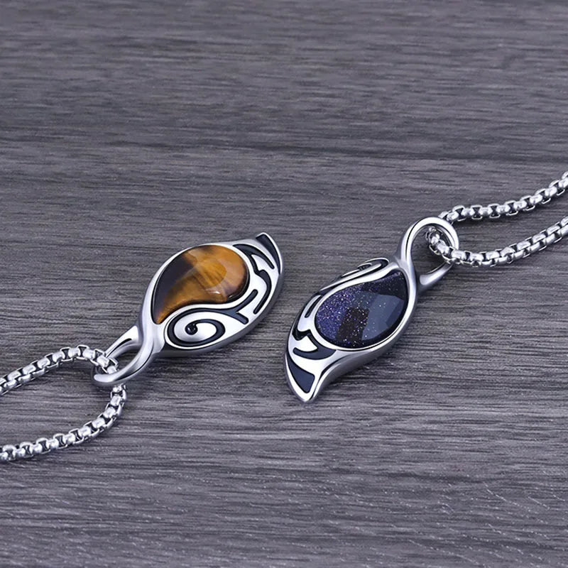 New Retro Silver Necklace for Men Natural Tiger Eye Stone Punk Style Unique Design Men's Long Chain Pendant Party Christmas Gift