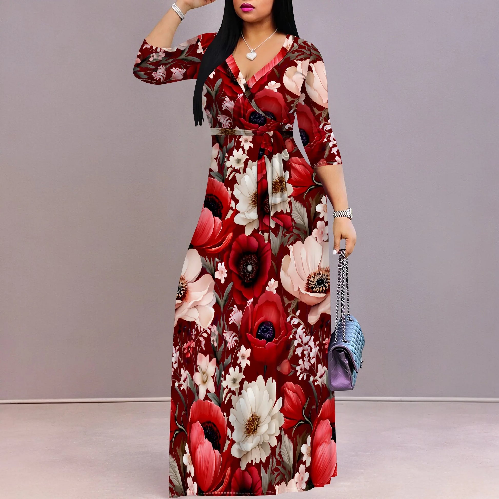 Women's Casual Watercolor Floral Pattern Wrap Maxi Dresses V Neck 3/4 Sleeve Tie Waist Dress Long Dresses for Women 2025 - AMULET RING STORE