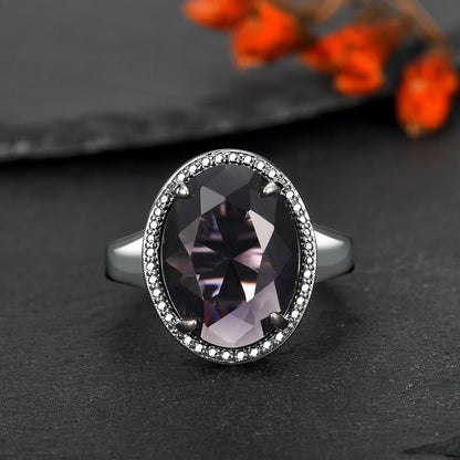 Women's S925 Silver Amethyst Ring - Exaggerated Egg Shaped Design
