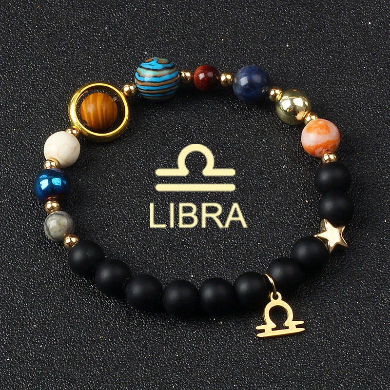 Universe Galaxy Eight Planets 12 Constellation Bracelets for Women Natural Stone Solar System Bracelets Libra Virgo Leo Jewelry