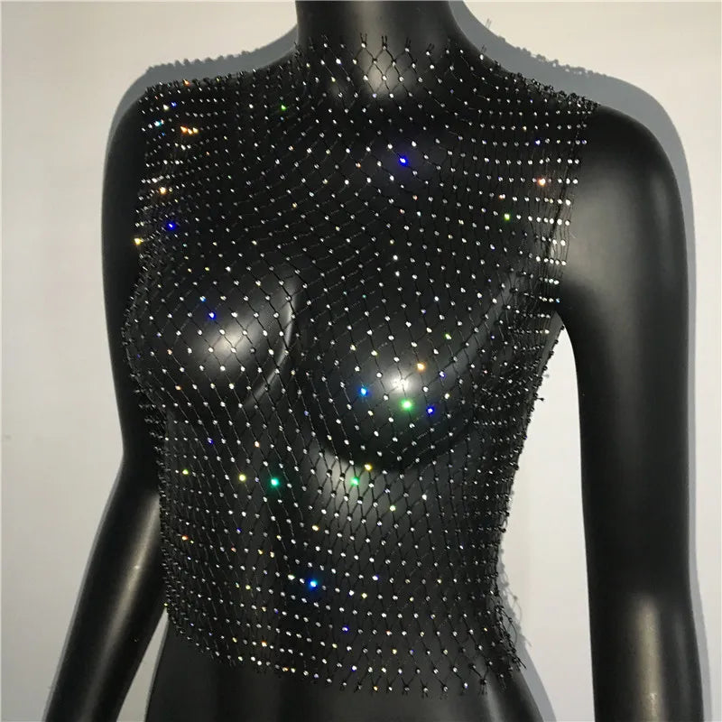 Women's Fishnet Rhinestone Crop Top 2024 Summer Sexy Mesh High Elastic Black White Shirt Net See Through Rave Diamond Tank Top - AMULET RING STORE