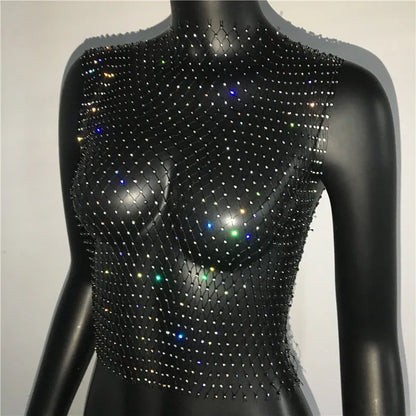 Women's Fishnet Rhinestone Crop Top 2024 Summer Sexy Mesh High Elastic Black White Shirt Net See Through Rave Diamond Tank Top - AMULET RING STORE